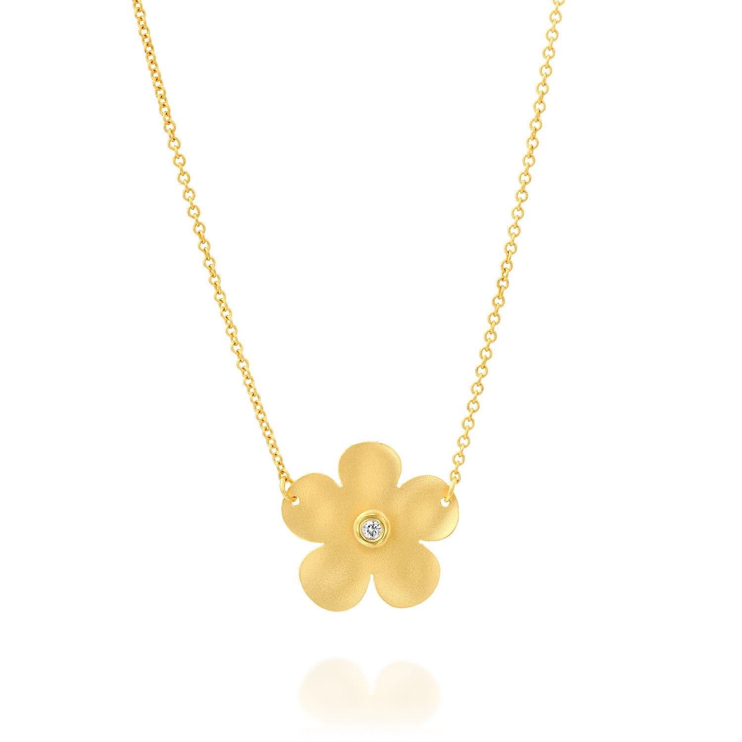 1763 - 14kt yellow gold matte satin flower diamond necklace