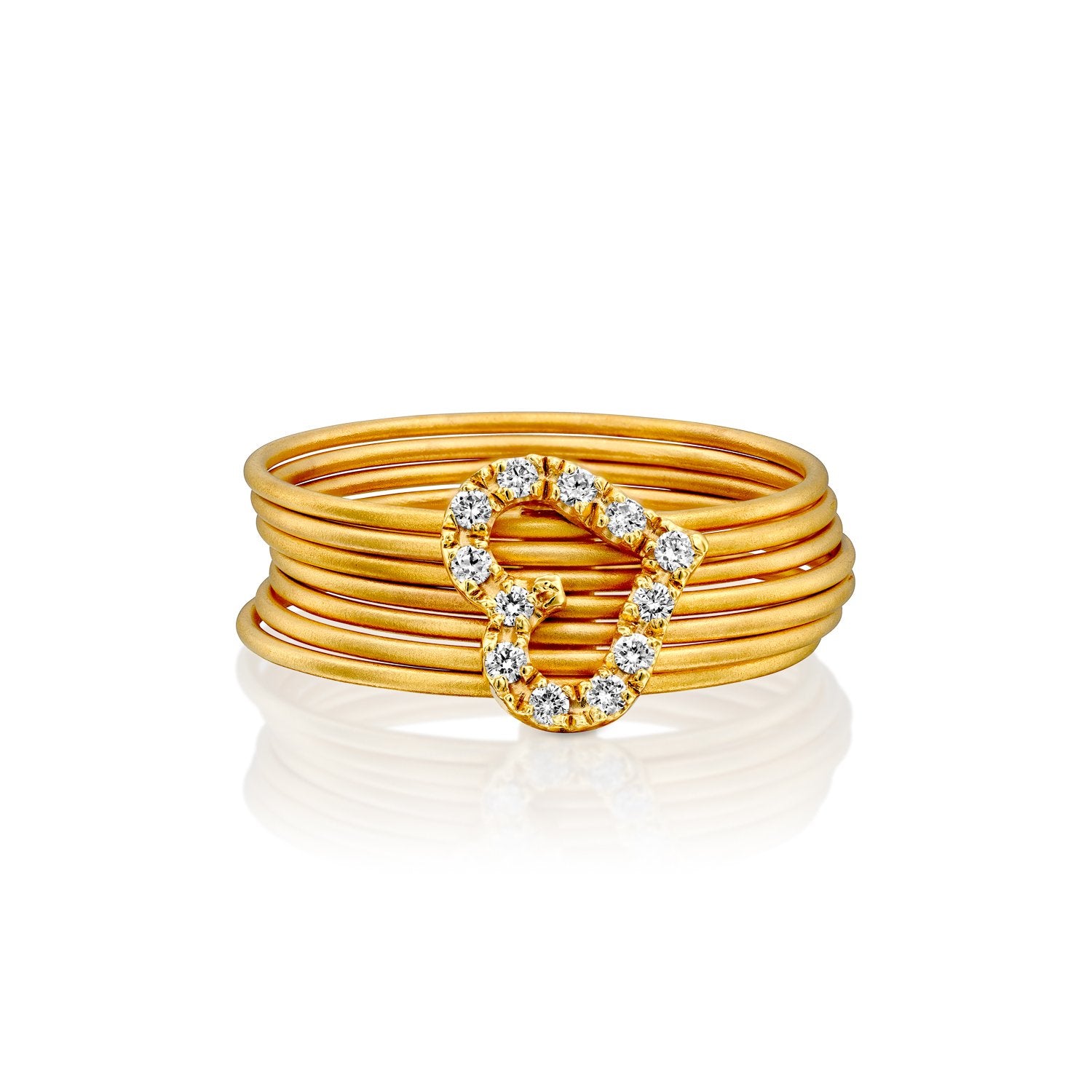 3720 - seven stackable band rings in 14kt yellow gold matte satin finish. connected to heart shape white diamond pave.