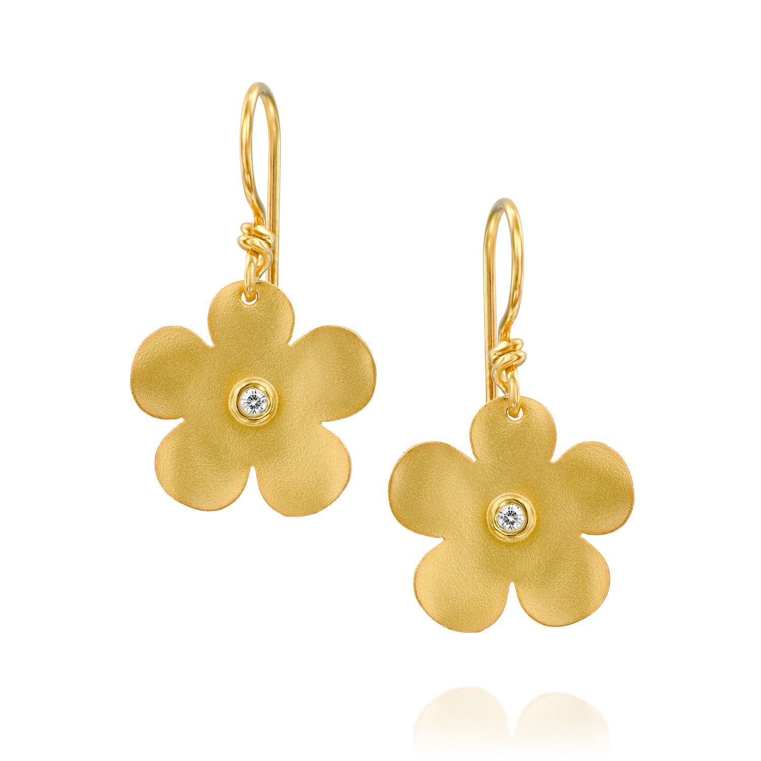 4115 - handmade diamond flower drop earring, in 14kt yellow matte silky satin finish