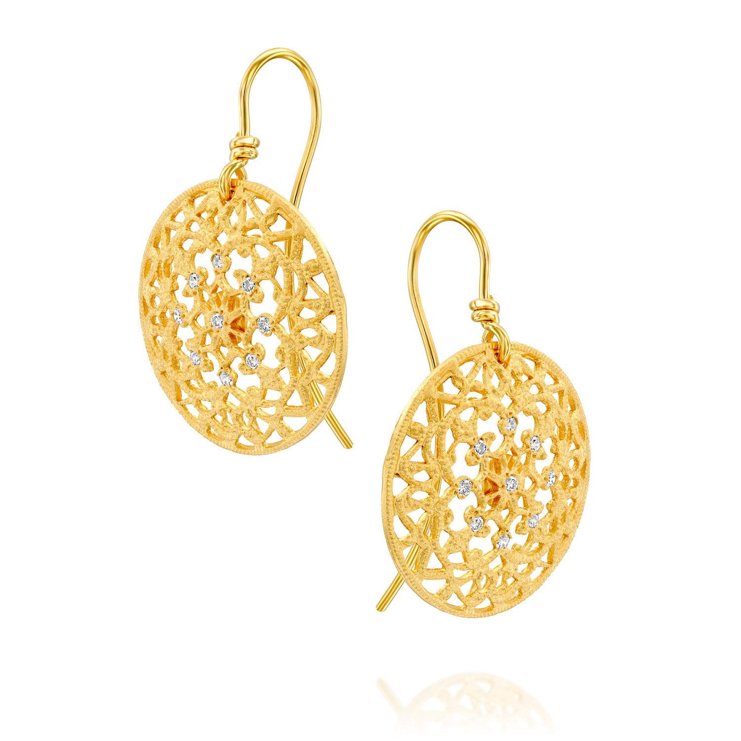 4450 - round filigree diamond drop earrings in 14kt yellow matte gold.