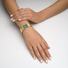 4509 - 14kt yellow gold hammered and torched shiny edge tourquise diamond cuff bracelet