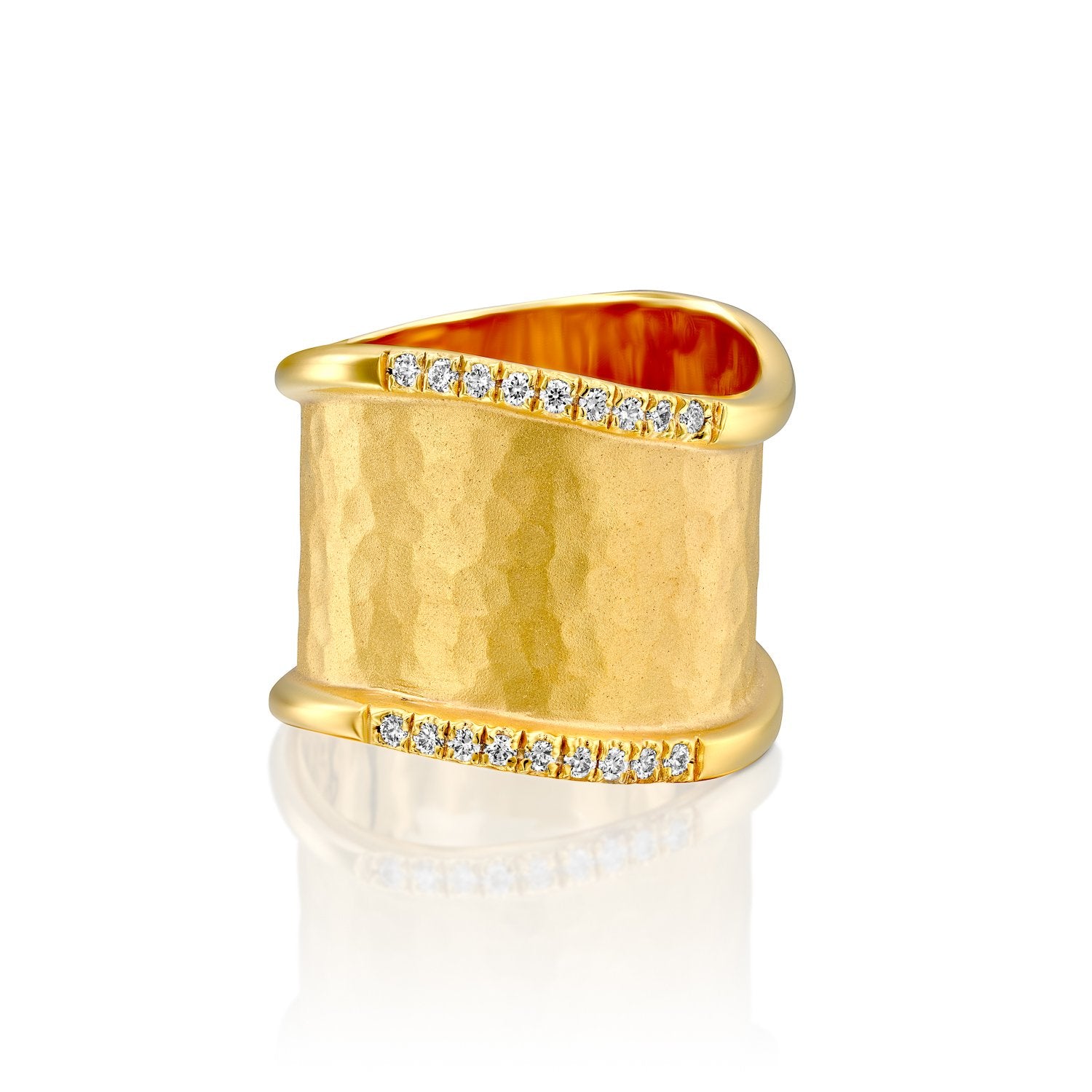 4811 - stunning 14kt yellow gold wavy band ring hammered textured with shiny edges, .18cttw white diamonds.
