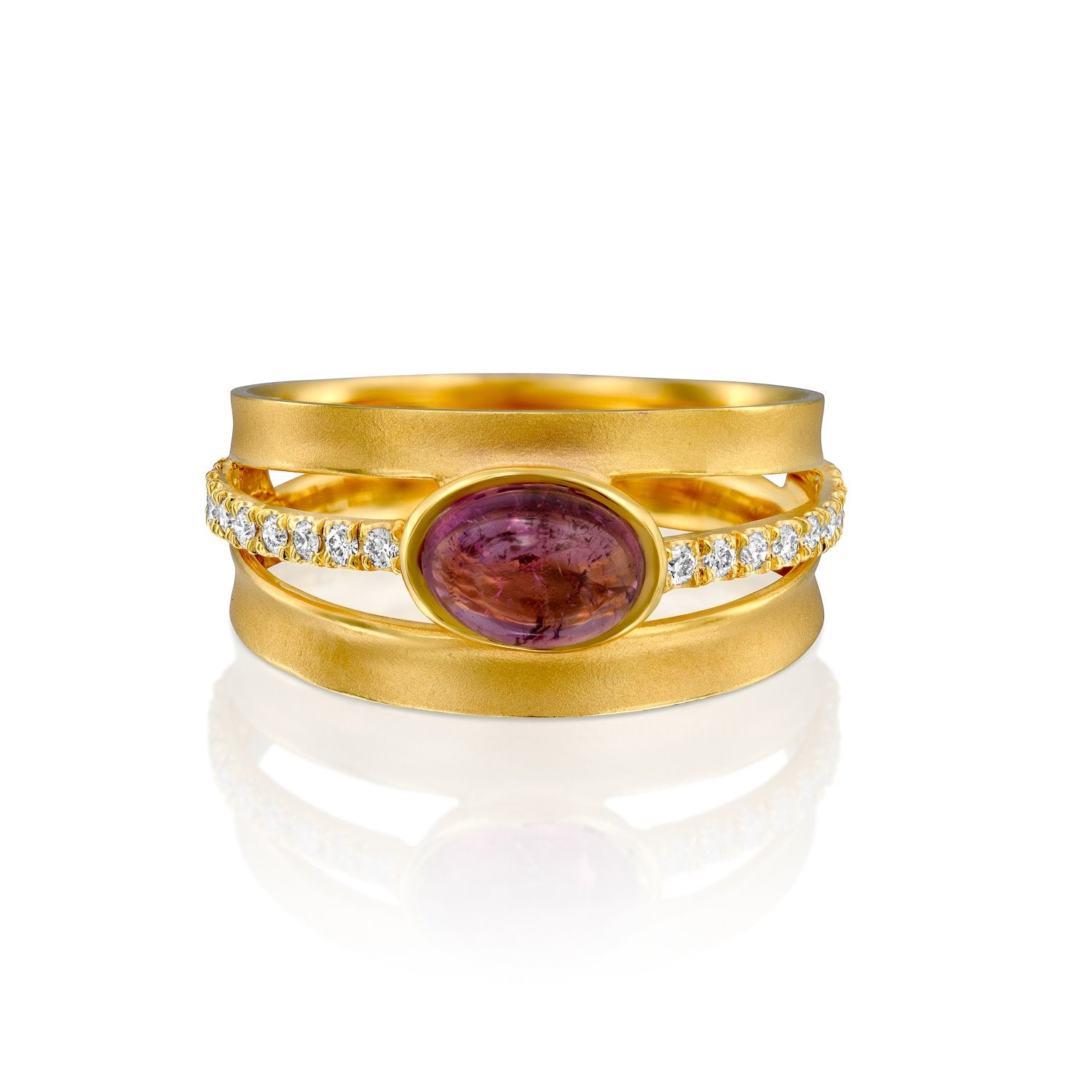 4979 - 14kt yellow satin matte finish gold ring with shiny edges. natural cabochon rich pink oval-shaped tourmaline in a bezel setting, with pave .18cttw white diamond