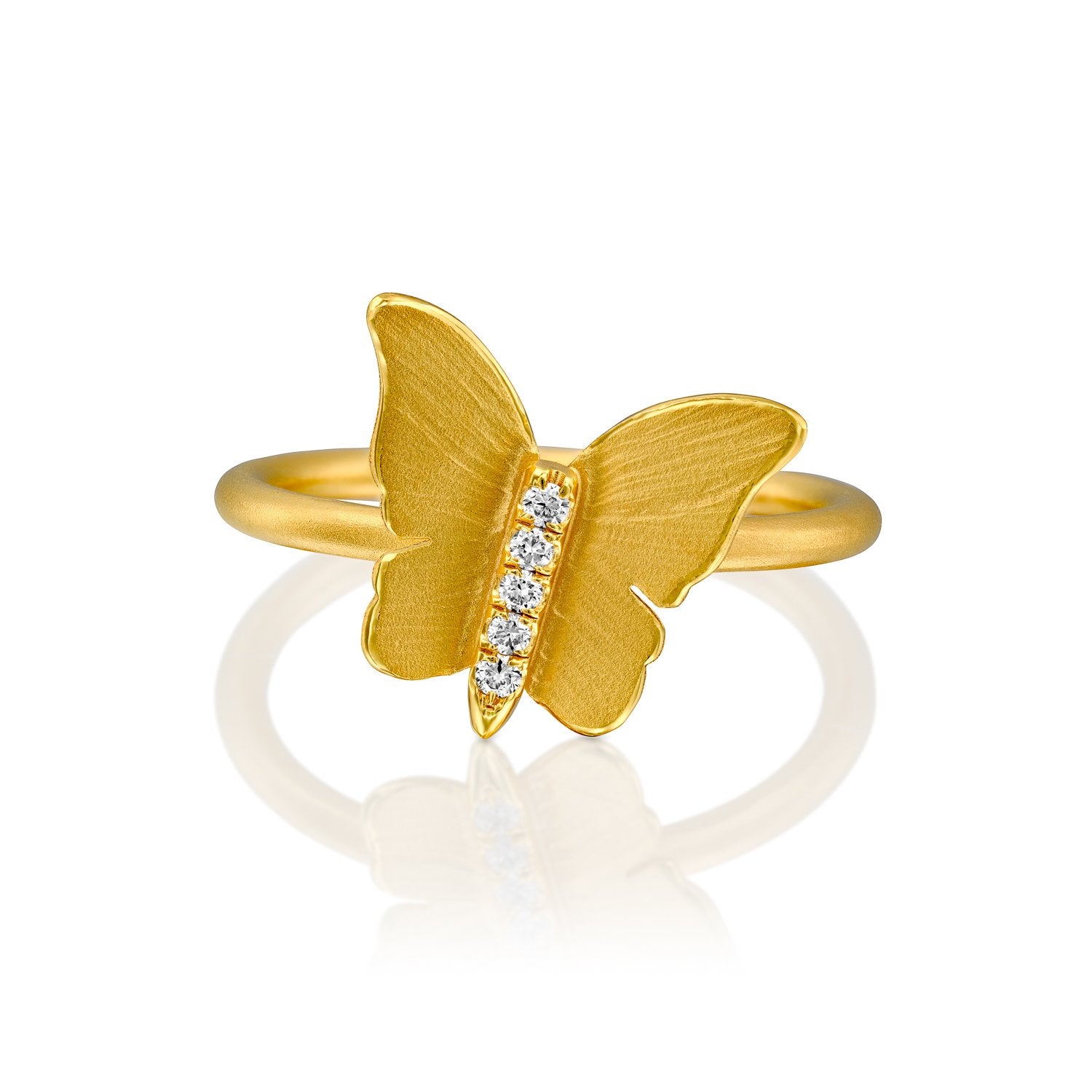 5612 - 14kt butterfly design yellow gold ring in a unique handcrafted matte texture with shiny edges. 0.05cttw round brilliant cut natural white diamond.