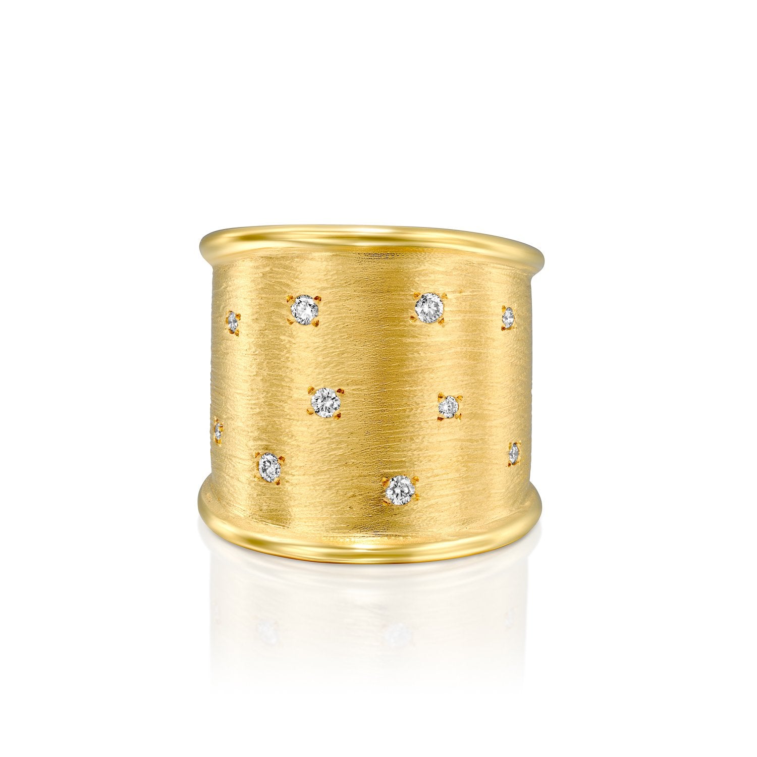 5874 - scattered .15cttw diamond statement ring, in 14kt yellow gold special engraving hand-crafted matte finish with shiny edges.