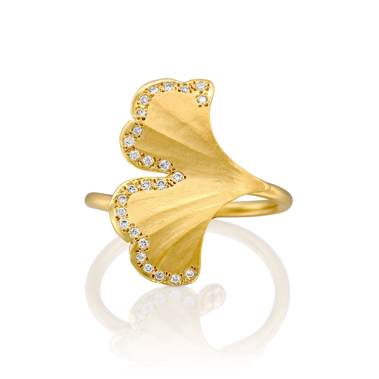 7081 - 14kt yellow gold ginkgo leaf design ring with 0.13cttw white diamonds of the finest quality. beautiful matte texture with shiny edges.