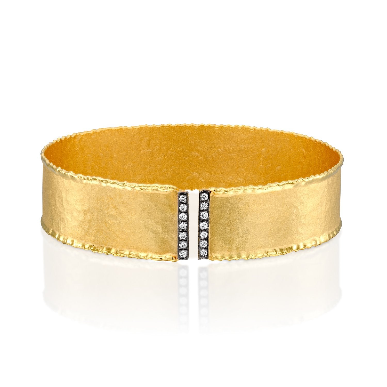 7144 - 14kt yellow gold hammered with torched edges cuff bracelet, white diamonds & black rhodium.