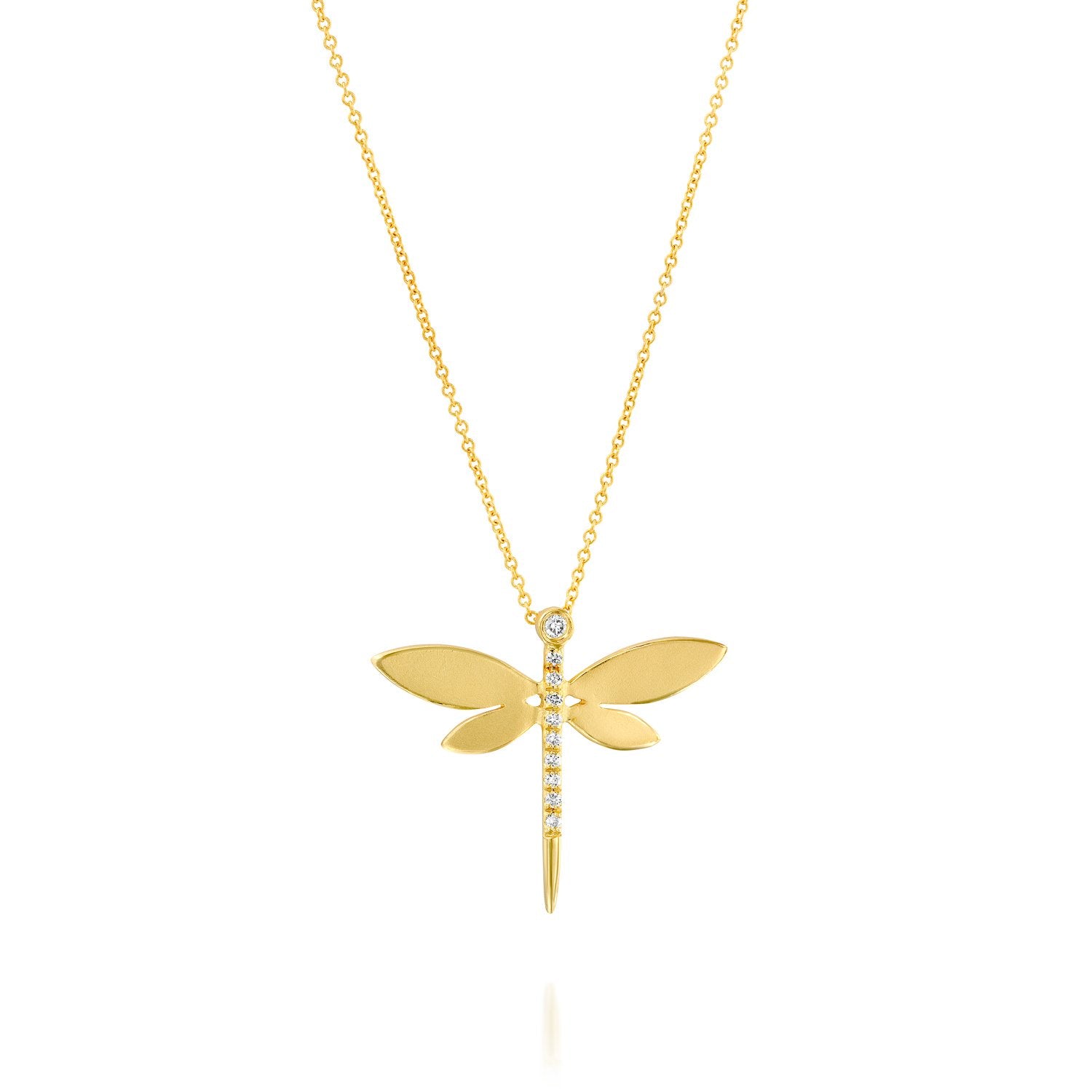 7219 - 14kt yellow gold matte & shiny diamond dragonfly necklace