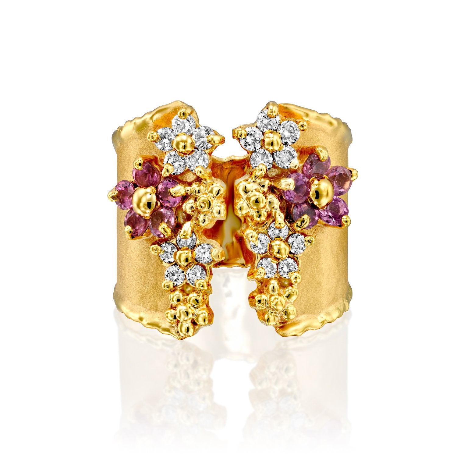 7307 - handmade elegant pink sapphires & white diamond ring, in 14kt hammered yellow gold with shiny torched edges