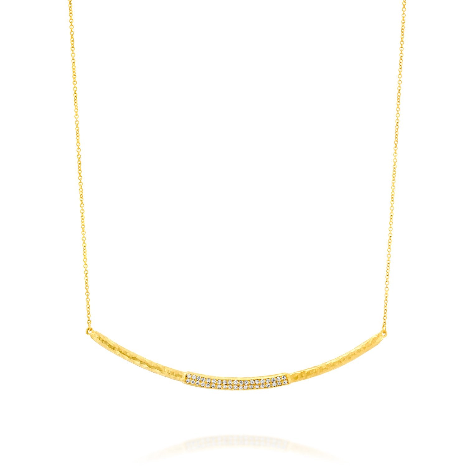 7414 - handmade textured 14kt yellow gold curved bar necklace with pave white diamonds