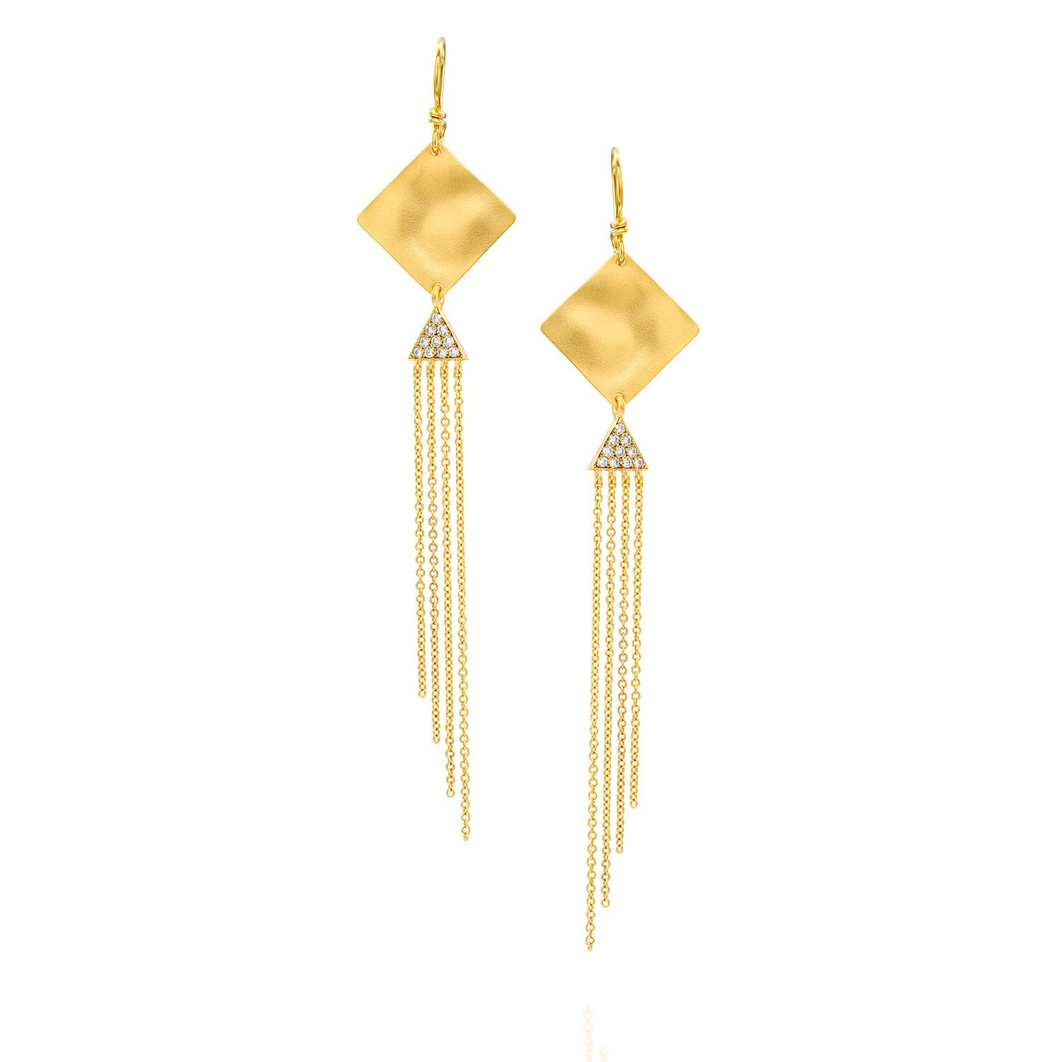7454 - modern silky gold & pave diamond chain drop earrings in 14kt yellow