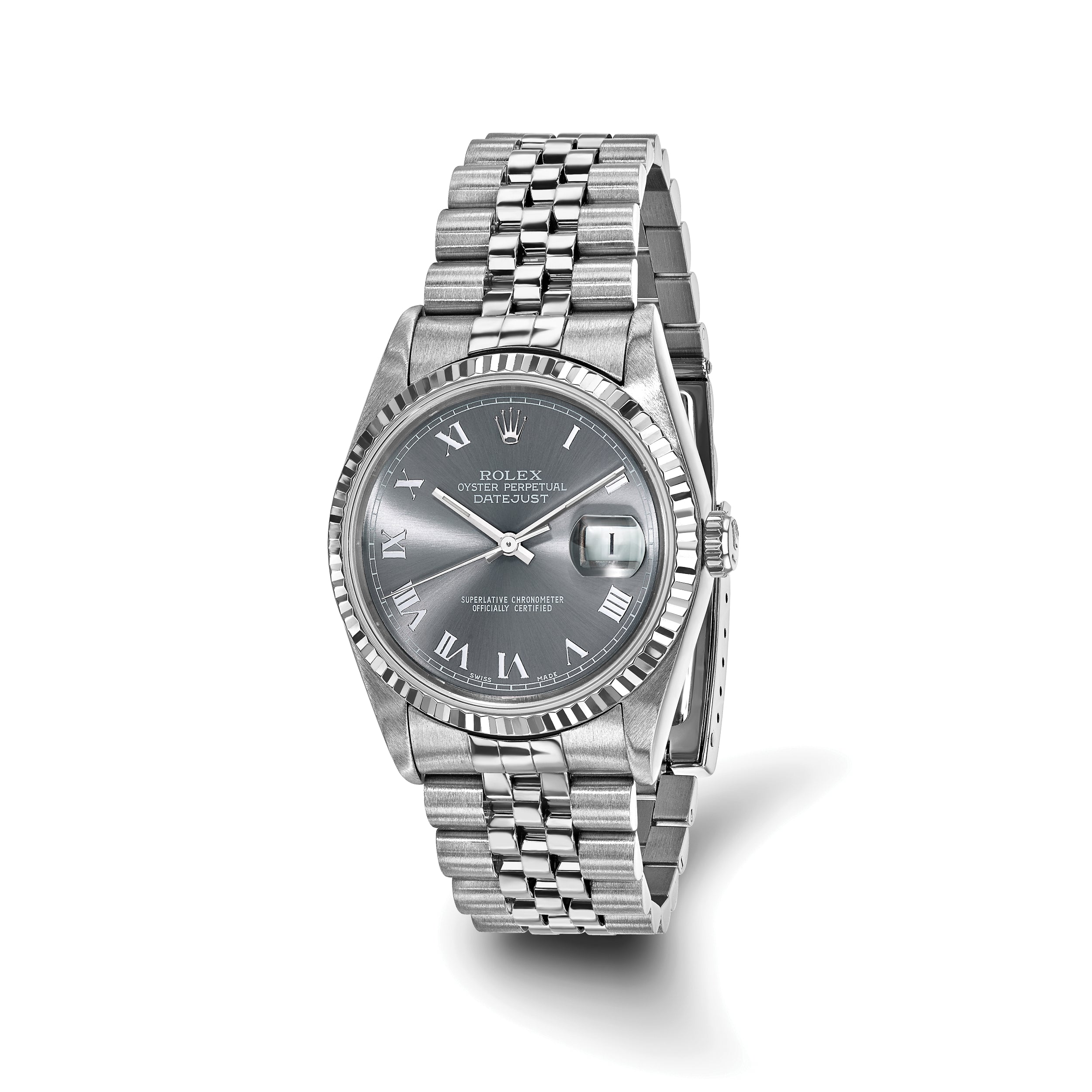 pre-owned rolex-independently certified steel 36mm grey roman diamond- 10008