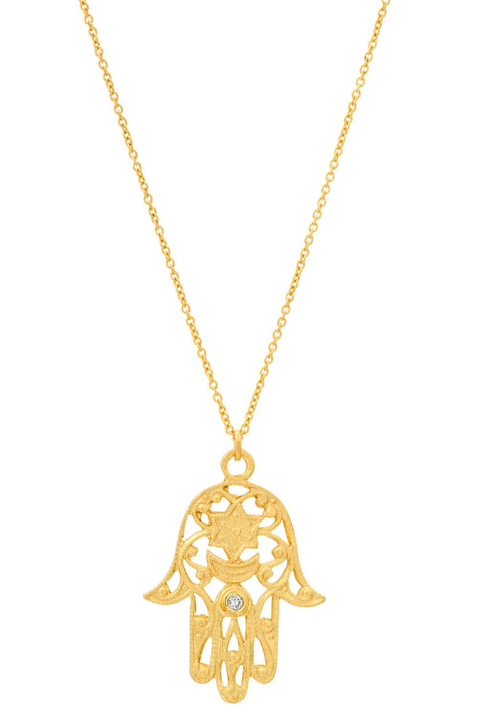 2163 - 14kt yellow matte finish gold filigree hand of hamsa diamond necklace