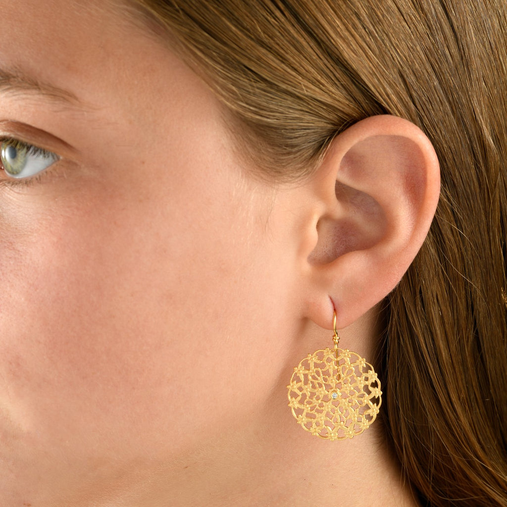 2784 - 14kt yellow round filigree drop earrings in a beautiful matte finish
