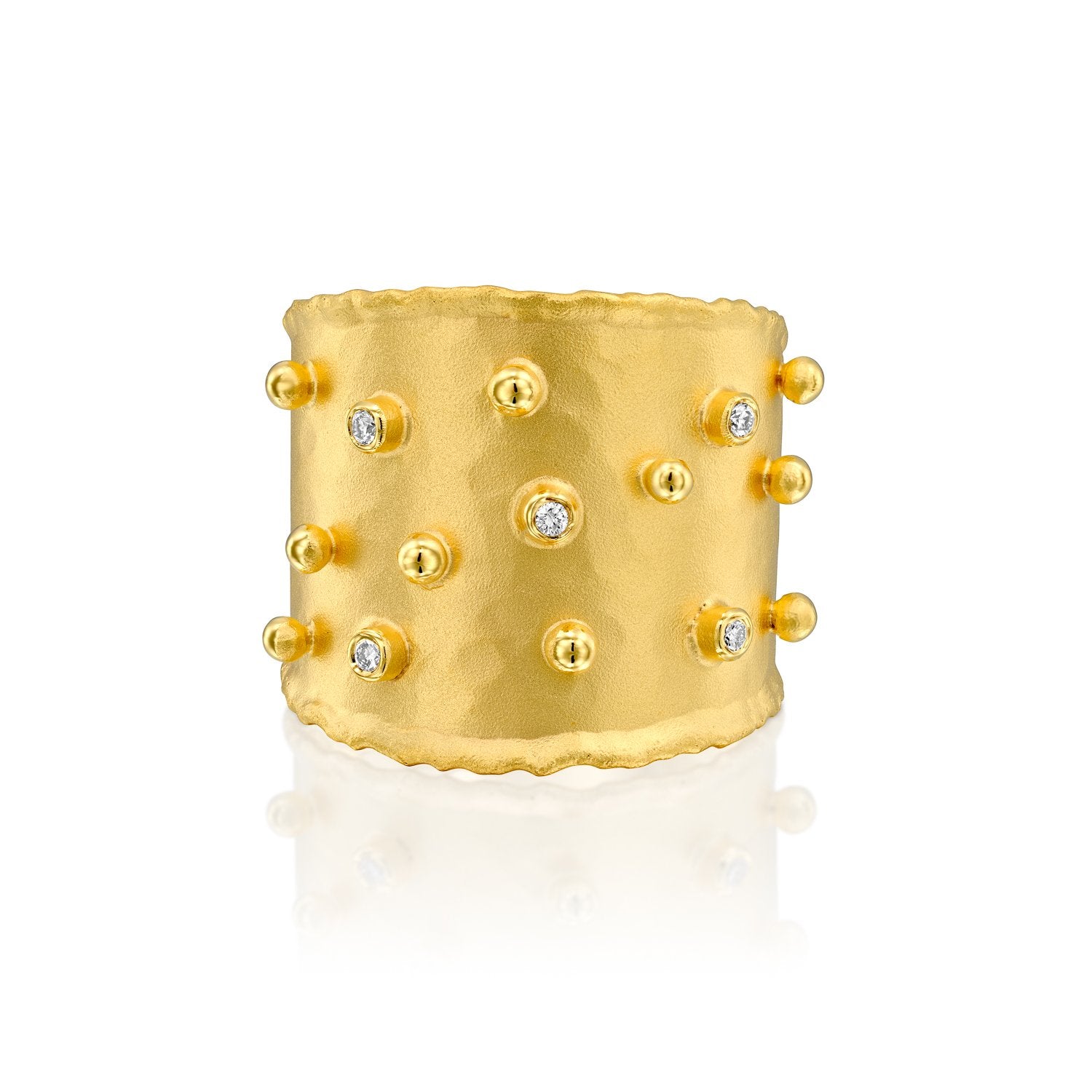 2969 - 14kt yellow hammered texture band ring with shiny gold dots and .05cttw white diamonds.