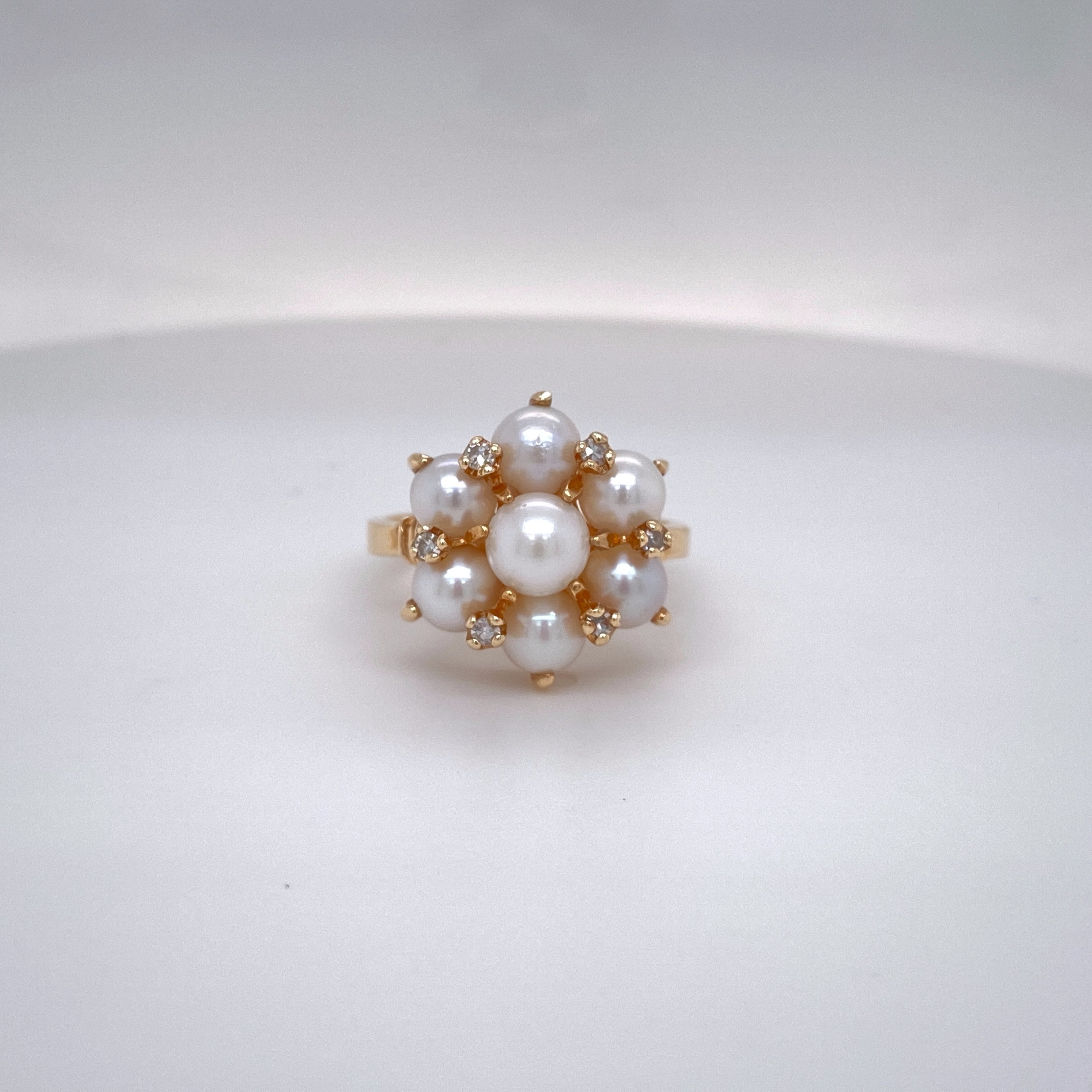 Estate Ladies Diamond and Pearl Cluster Ring 