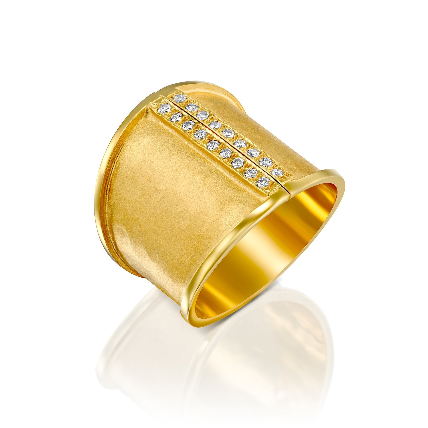 3253 - beautiful 14kt handmade hammered gold ring with shiny edges. double bar white pave diamonds of the highest quality.