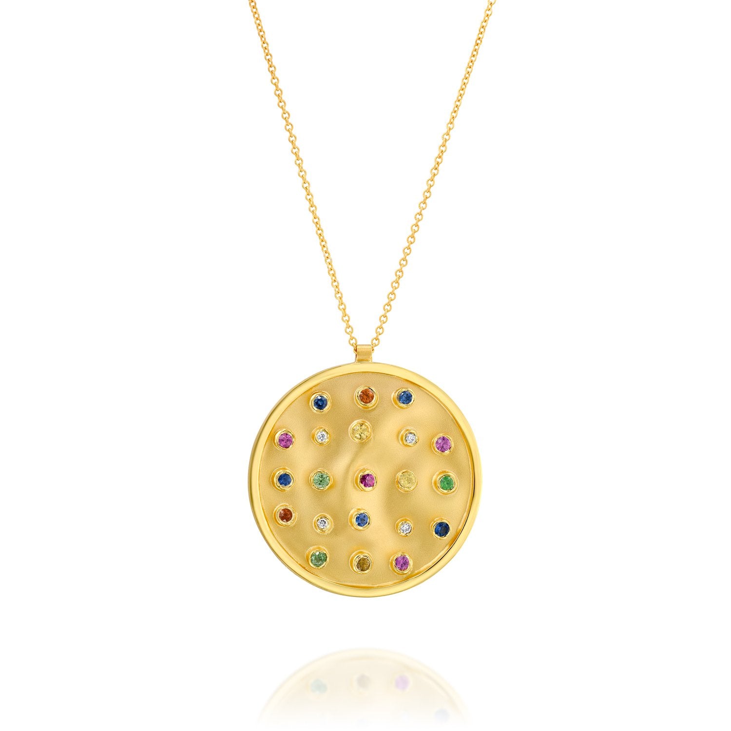 3442 - 14kt yellow gold matte satin round necklace, shiny edges with white diamonds & multi-color natural sapphires.