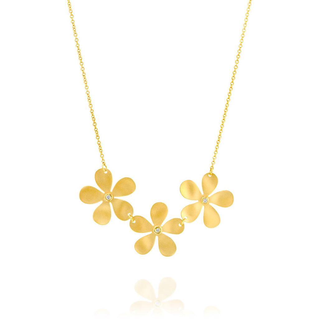 3455 - three flower diamond necklace in 14k the yellow matte satin wavy gold  