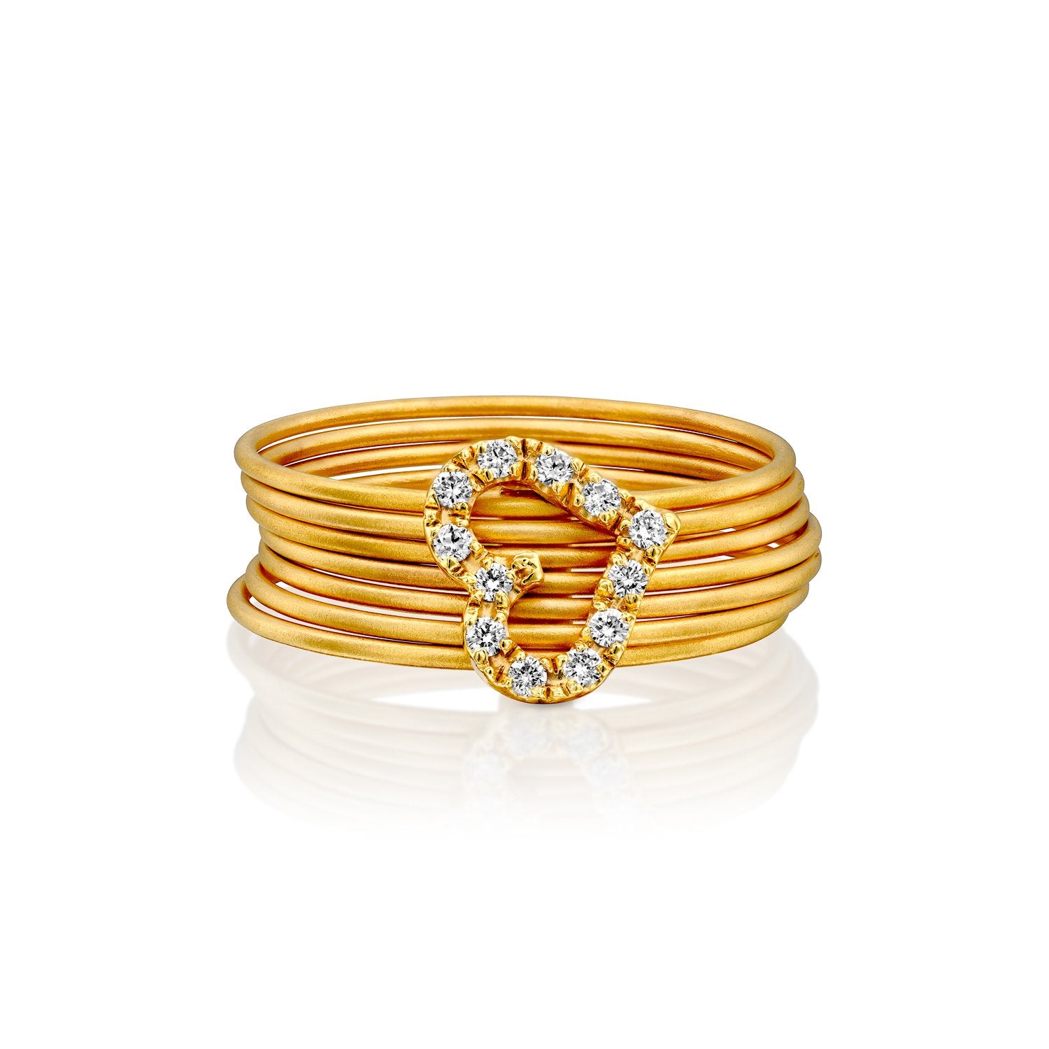 3720 - seven stackable band rings in 14kt yellow gold matte satin finish. connected to heart shape white diamond pave. 