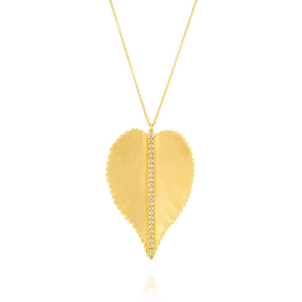 3875n - 14kt yellow matte handmade leaf diamond necklace