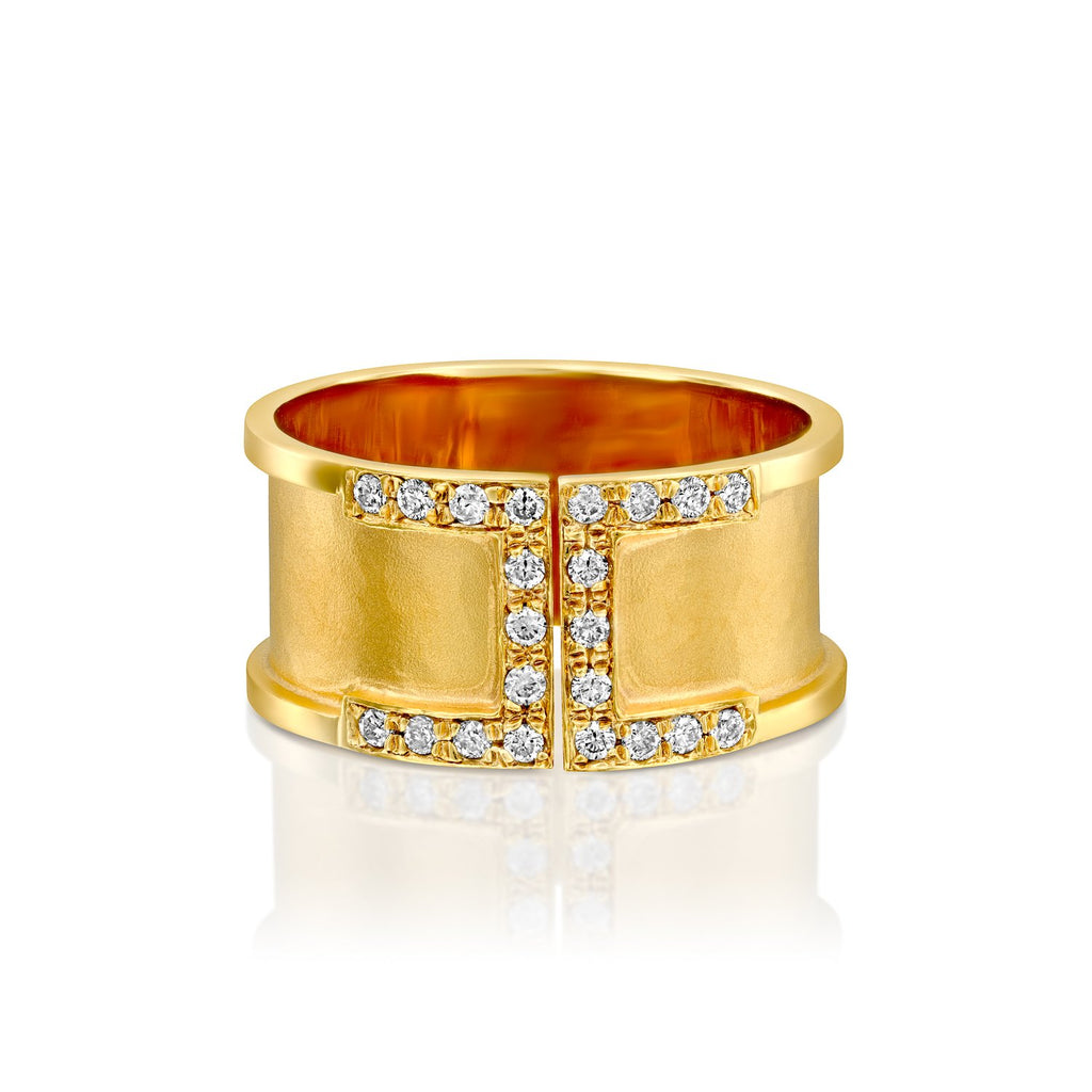 4011 - elegant 14kt handcrafted yellow gold ring. open shank art deco pave .22cttw of white diamond.