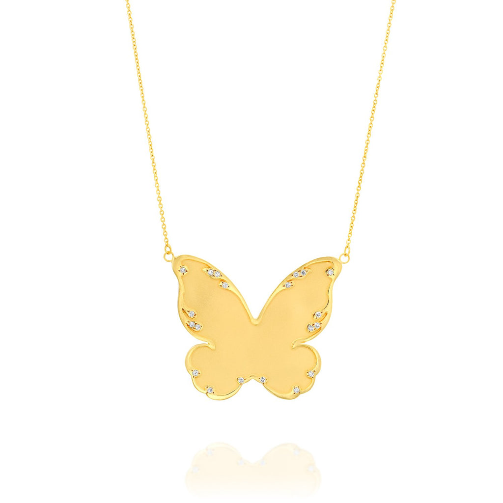 4059 - 14kt yellow matte satin gold and shiny edges diamond butterfly necklace