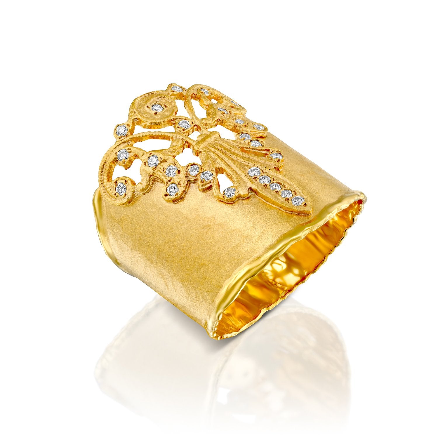 4116 - 14kt yellow handmade filigree gold ring with shiny torched edges, .25cttw of round brilliant cut white diamonds.