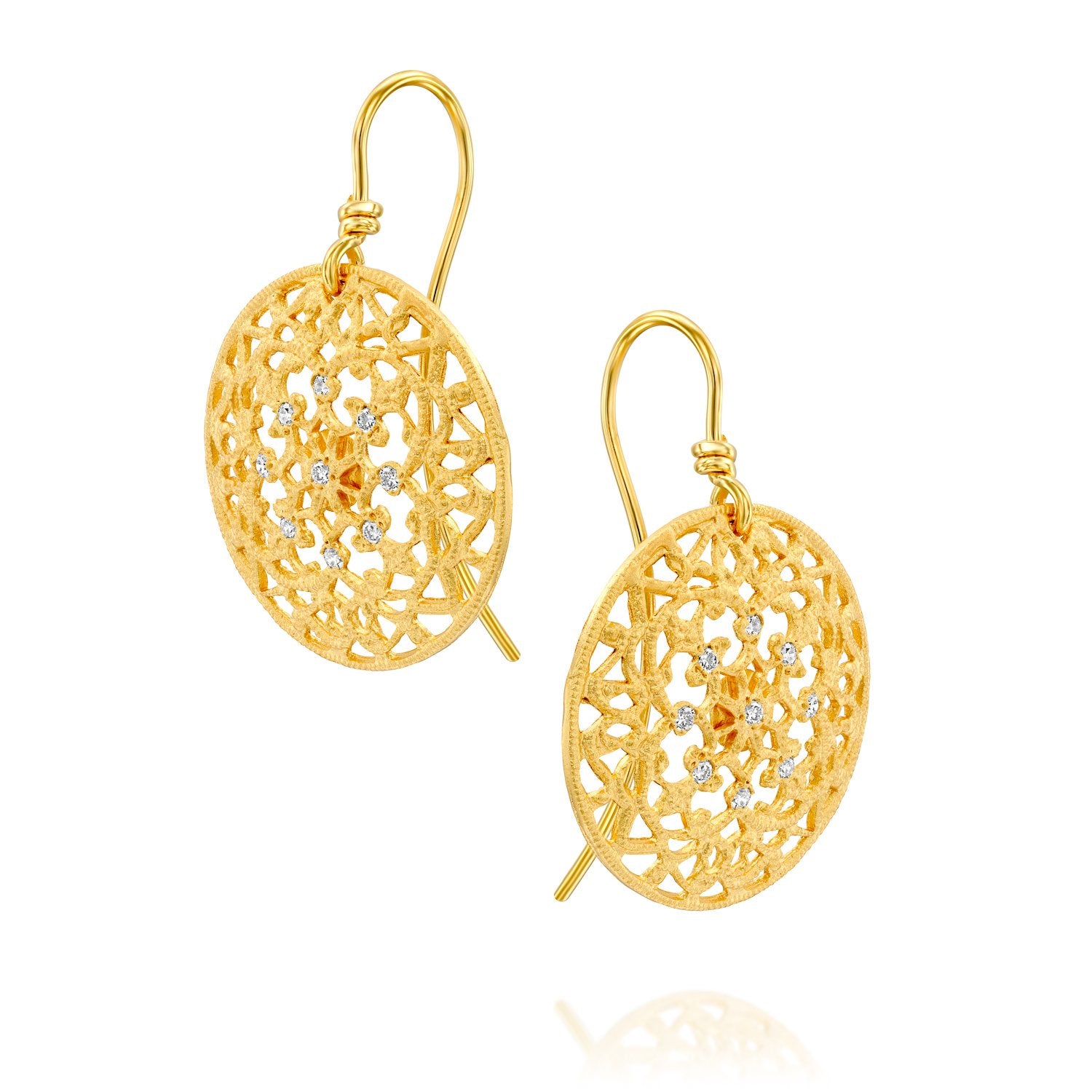 4450 - round filigree diamond drop earrings in 14kt yellow matte gold.  