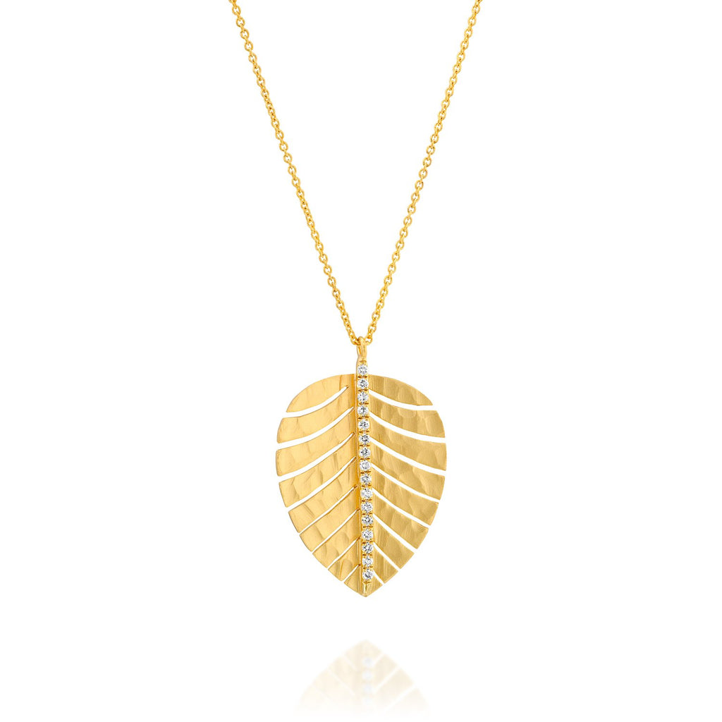 4685 - palm leaf diamond necklace in 14kt yellow hammered gold