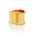 4811 - stunning 14kt yellow gold wavy band ring hammered textured with shiny edges, .18cttw white diamonds. 