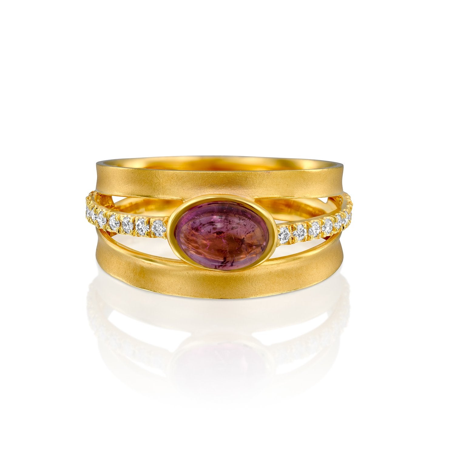 4979 - 14kt yellow satin matte finish gold ring with shiny edges. natural cabochon rich pink oval-shaped tourmaline in a bezel setting, with pave .18cttw white diamond 