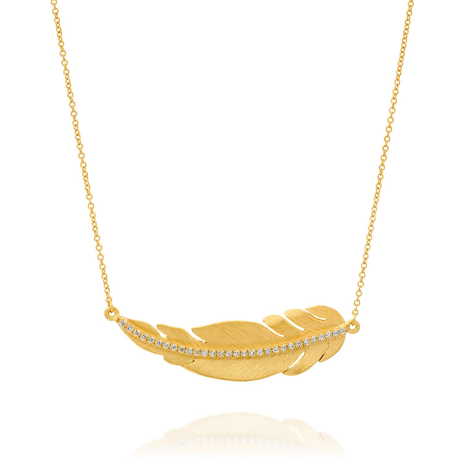 5348 - handcrafted 14kt yellow gold horizontal diamond  matte feather necklace, 