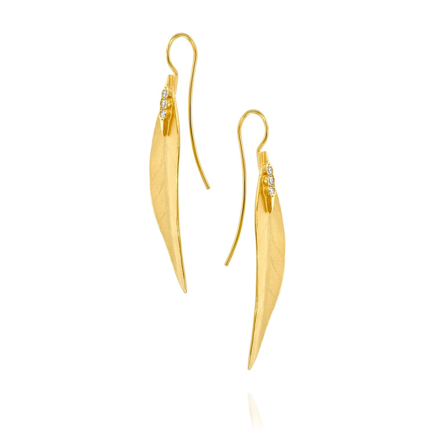 5552 - handcrafted special engraving leaf earring in 14kt yellow matte finish gold, on a short wire  