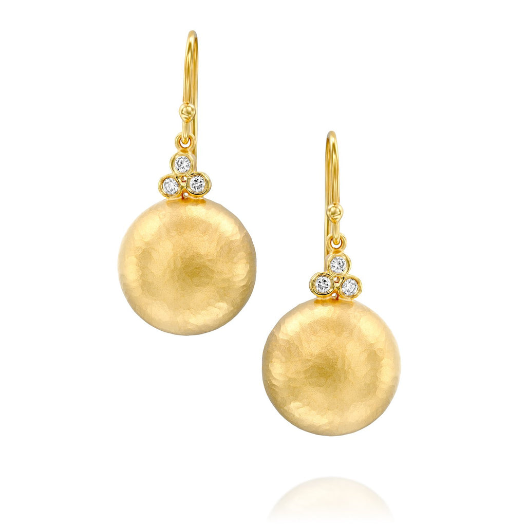 5564 - classic dome round button drop earring in 14kt yellow hammered gold with white diamond