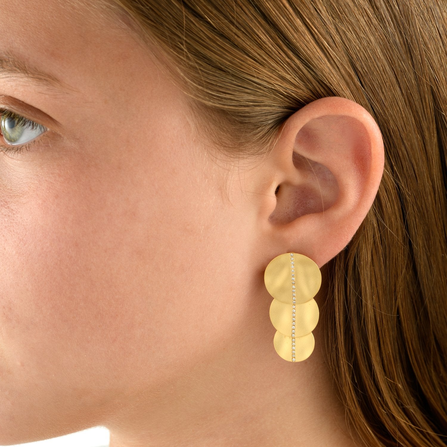 5588 - three circles wavy pave diamond earring, in 14kt matte satin yellow gold. post and friction back
