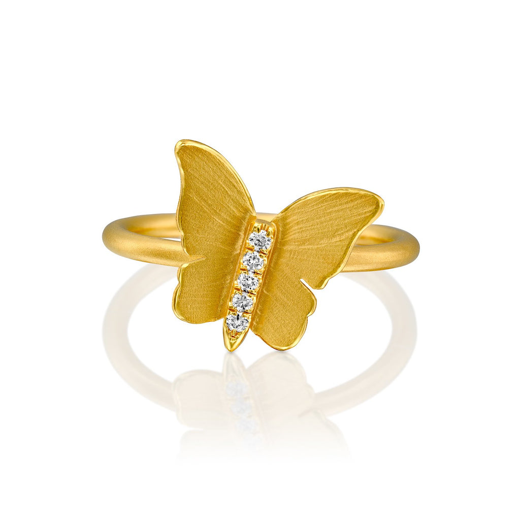 5612 - 14kt butterfly design yellow gold ring in a unique handcrafted matte texture with shiny edges.  0.05cttw round brilliant cut natural white diamond.    