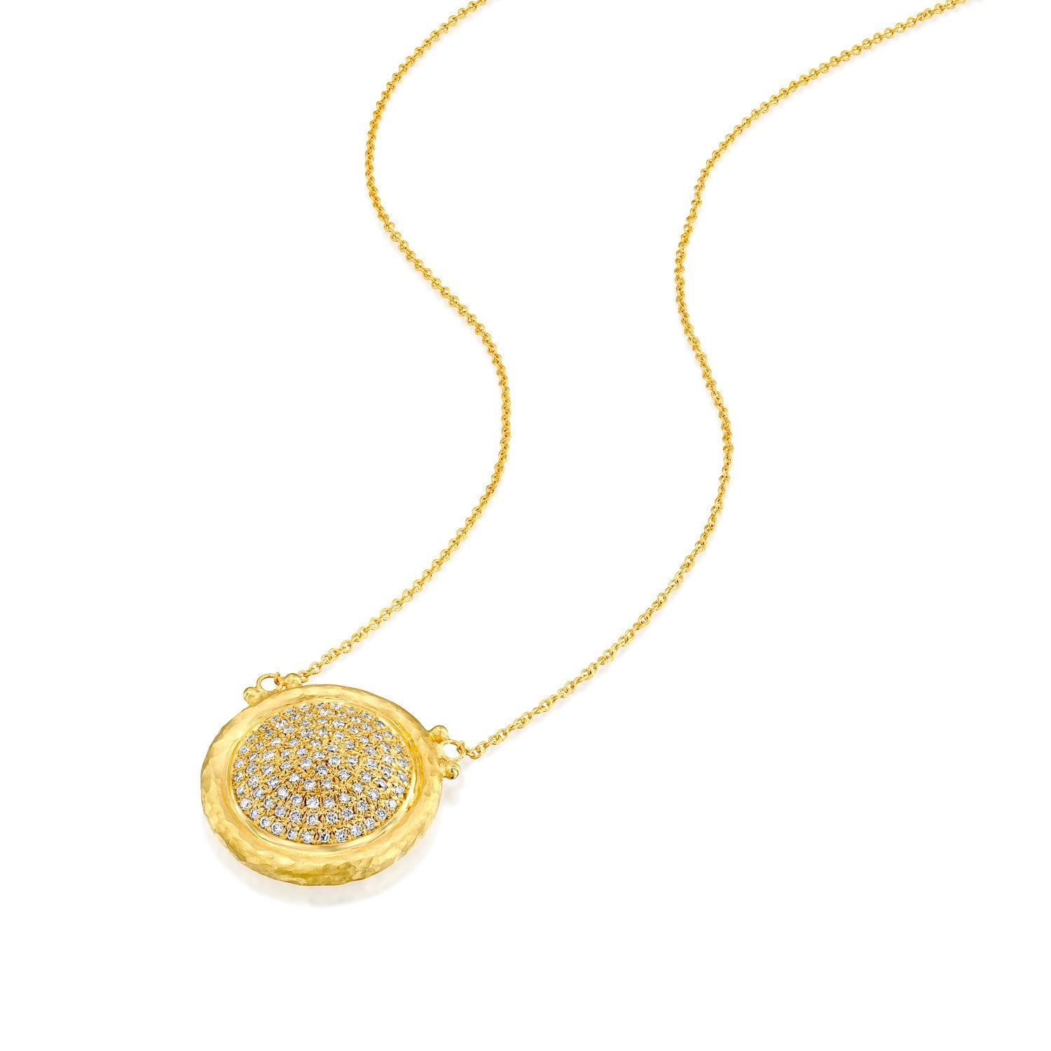 5751 - 14kt yellow gold round pave diamond necklace with beautiful hammered edges