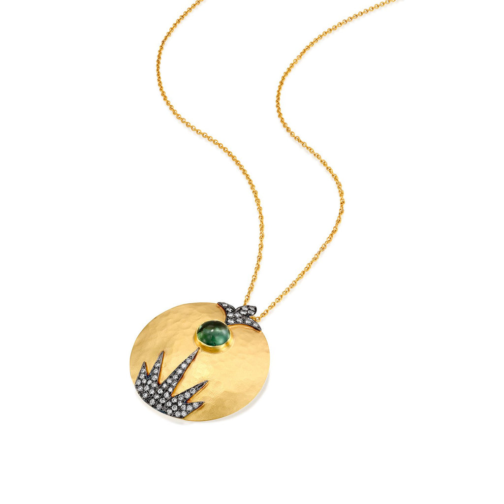 6097 - 14kt hammered yellow round necklace with green cabochon tourmaline, a diamond with black rhodium