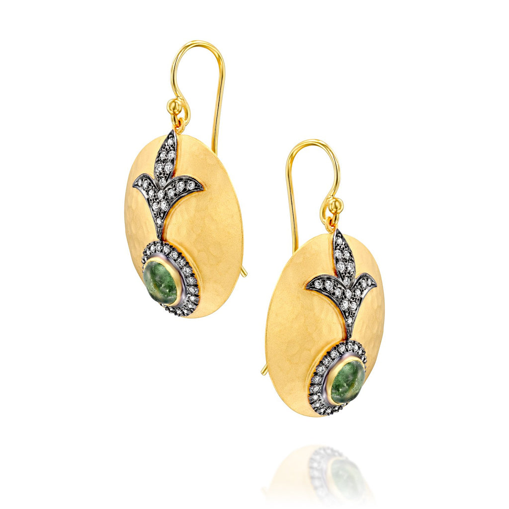 6386 - stunning round hammered drop earring in 14kt yellow gold, natural rich green cabochon tourmaline with white diamond and black rhodium