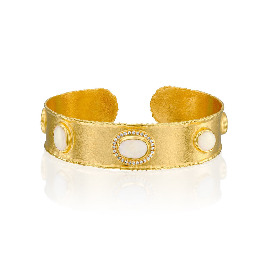 6431 - 14kt yellow gold brushed finish cuff bracelet, with white diamonds and Ethiopian opals