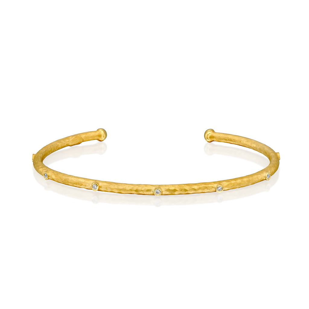 6448 - 14kt yellow gold hammered finish,  enhanced with .07cttw of the scattered bezel set diamonds