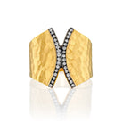 6488 - 14kt detailed yellow hammered gold ring, .16cttw white diamond with black rhodium
