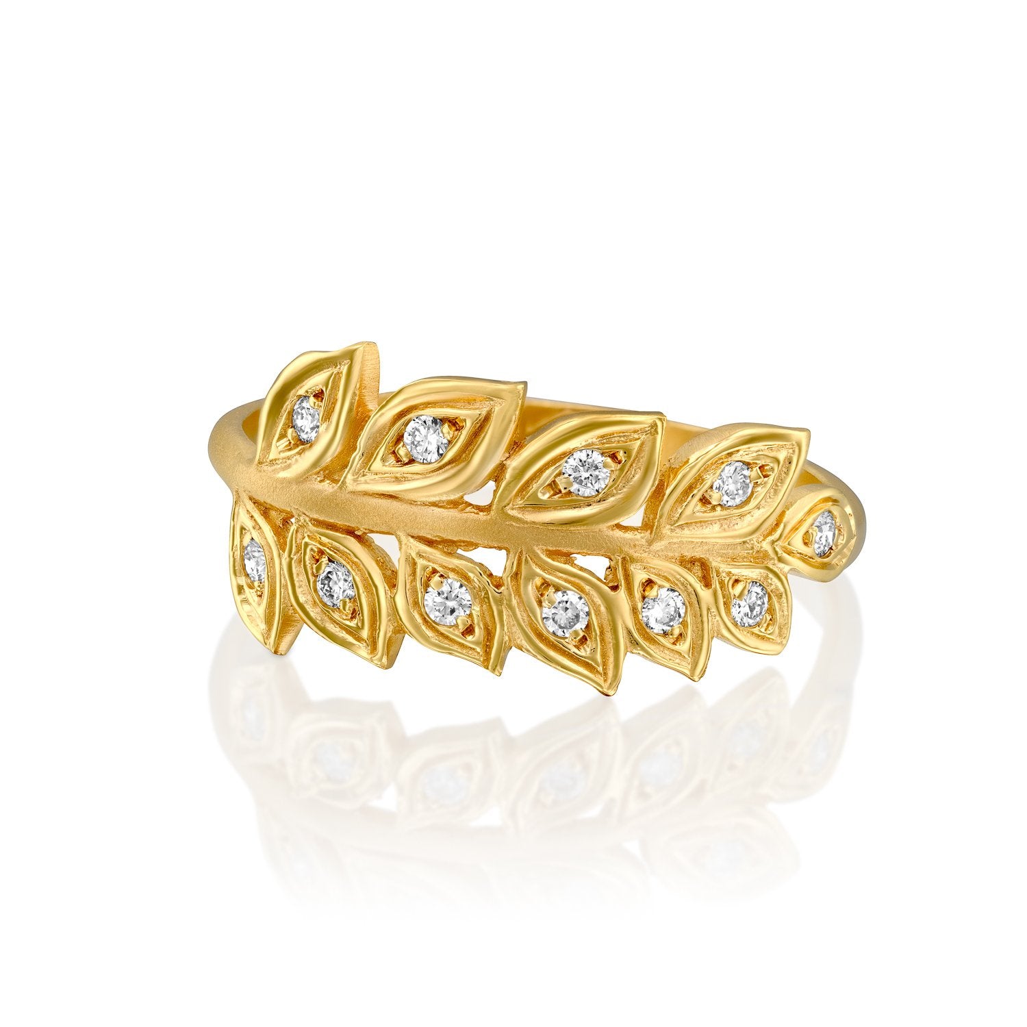 7026 - 14kt yellow gold wheat leaf ring with 0.11cttw white diamonds