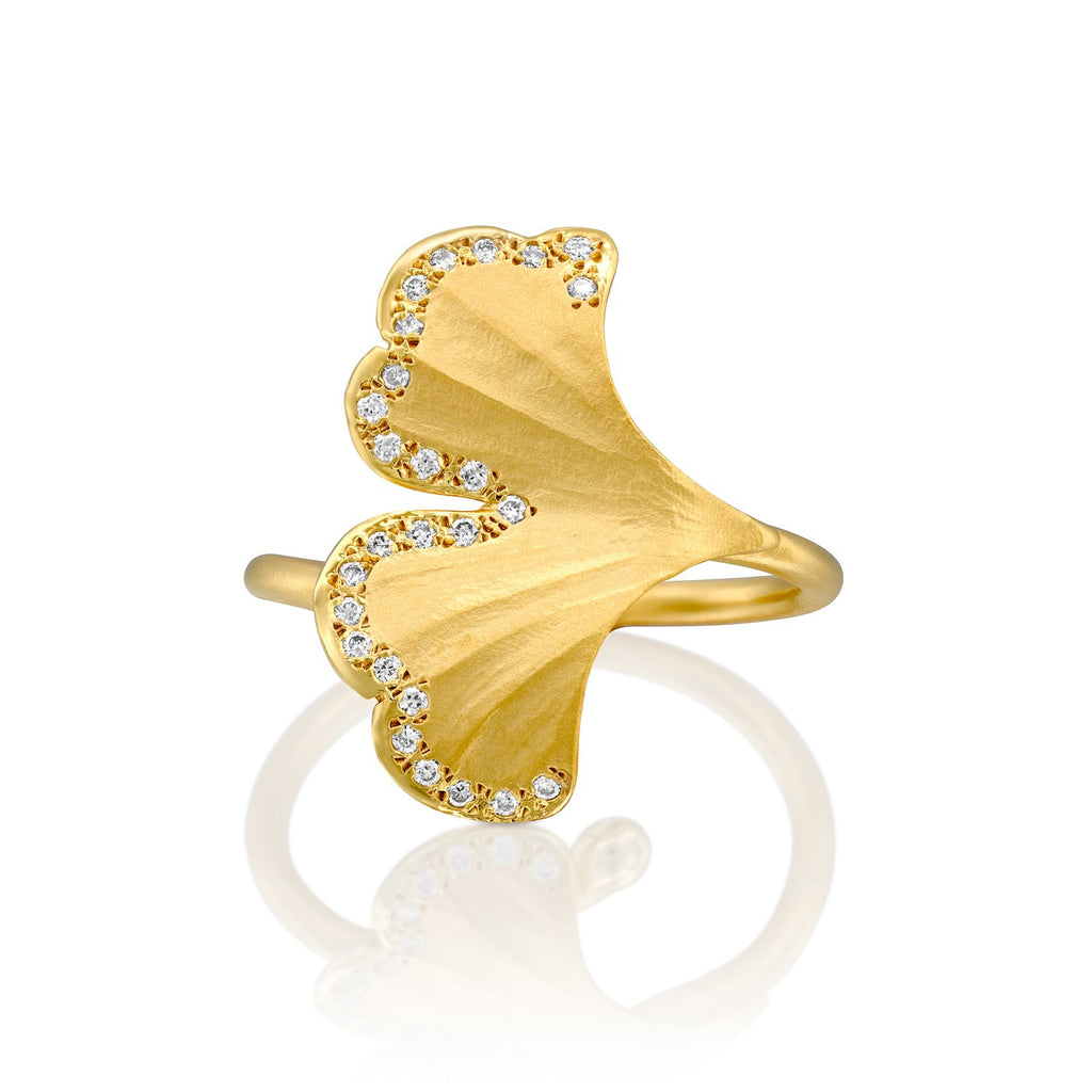 7081 - 14kt yellow gold ginkgo leaf design ring with 0.13cttw white diamonds of the finest quality. beautiful matte texture with shiny edges. 
