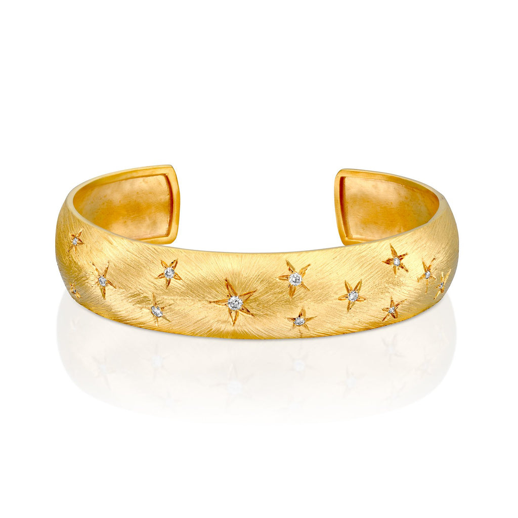 7166 - 14kt yellow gold special engraving stars diamond cuff bracelet