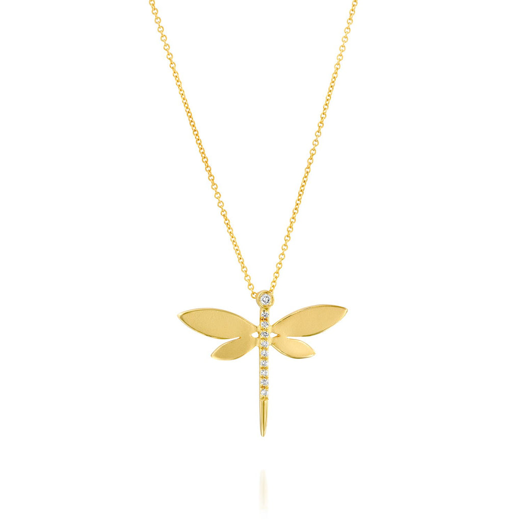 7219 - 14kt yellow gold matte & shiny diamond dragonfly necklace