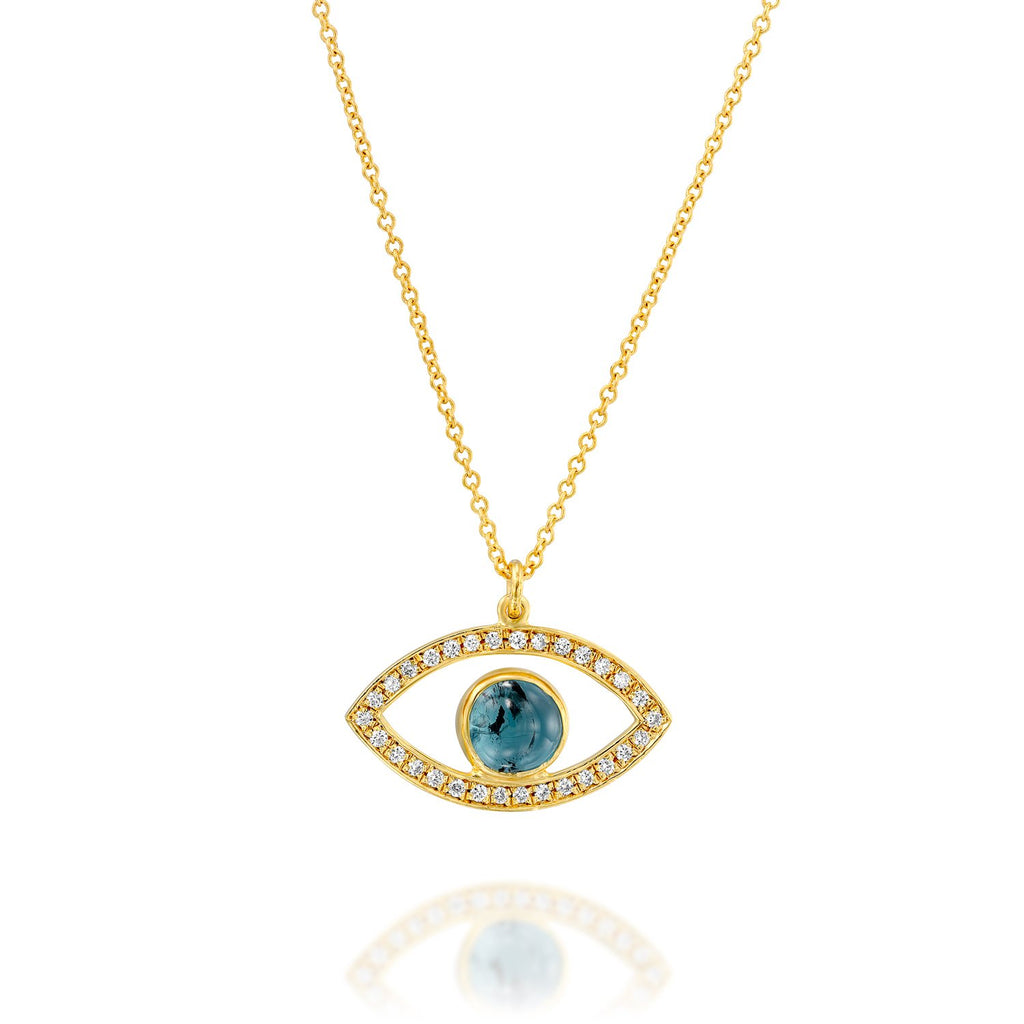 7233 - 14kt yellow gold blue tourmaline and diamond devil eye pendant 