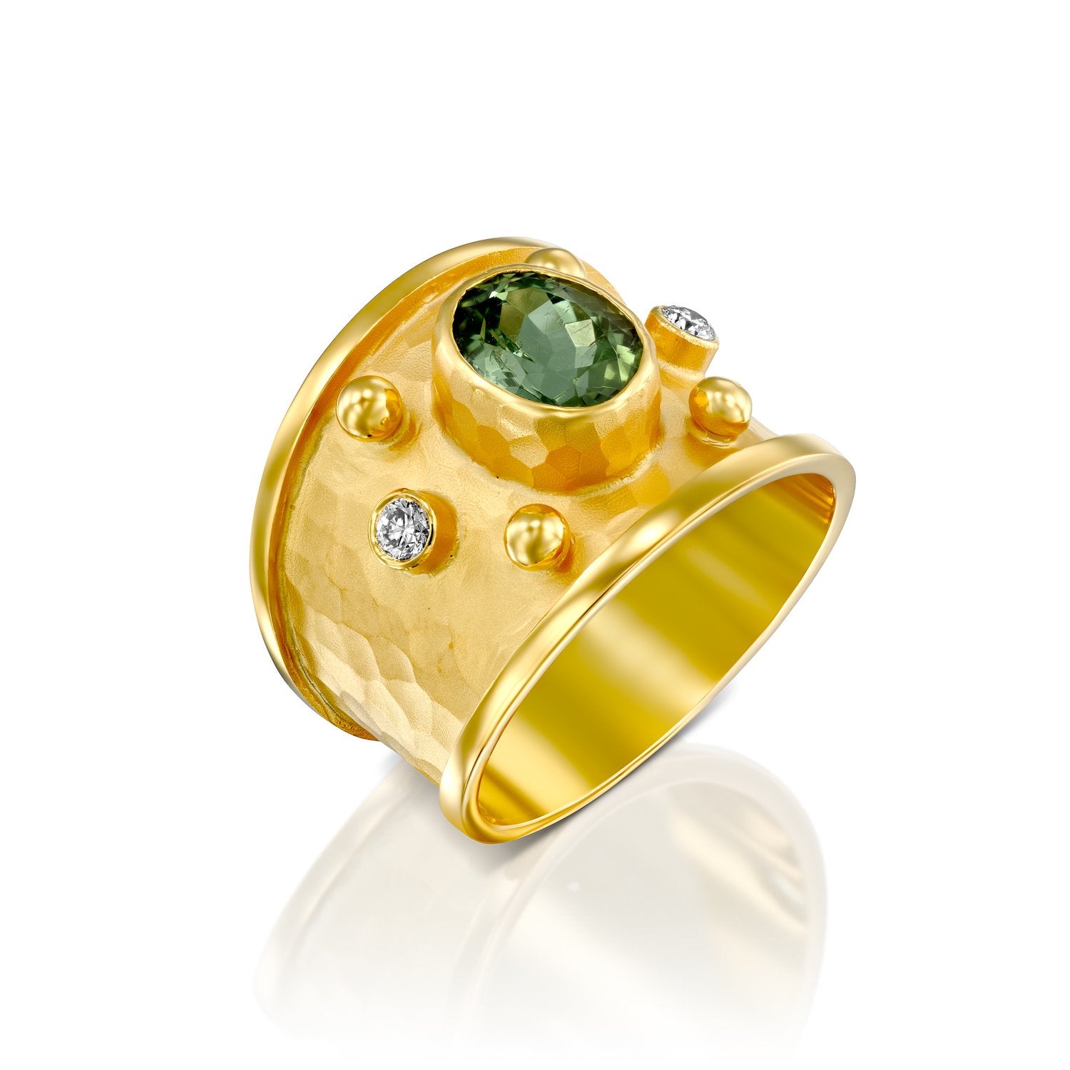 7300A - 14kt handmade matte finish yellow gold ring with shiny edges. rich color faceted green tourmaline in a bezel setting, this ring has .10cttw white diamond of the finest quality. 