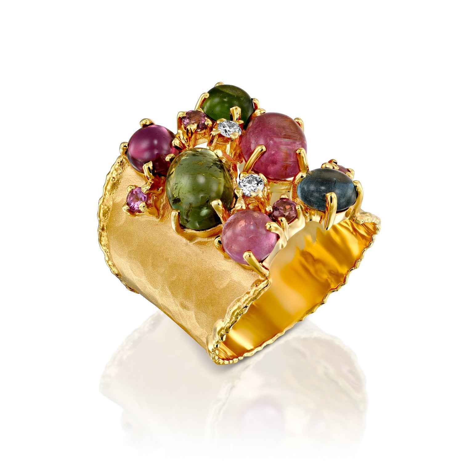 7302 - stunning 14kt handmade matte finish gold ring with shiny edges. mixed color natural cabochon tourmaline & faceted pink sapphires. .10cttw diamond of the finest quality.